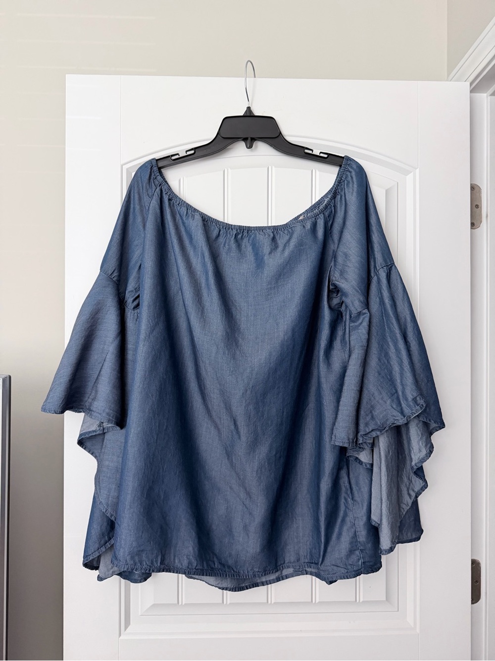 Off-Shoulder Washed Blue Bell Sleeve Blouse
